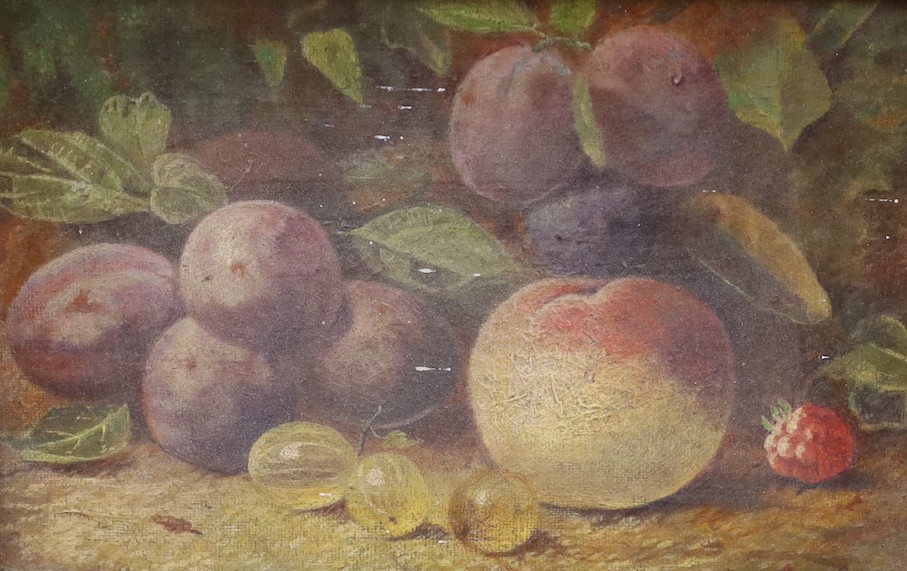 George Clare (British, 1830-1900) Still life of plums, gooseberries, a peach and a raspberry, signed, 14 x 22cm.
